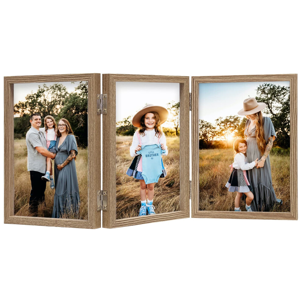 Triple 4X6 Photo Frame Hinged Folding Wood Picture Frame With Glass Front Stand Vertical On Desktop Wood 5051221981895