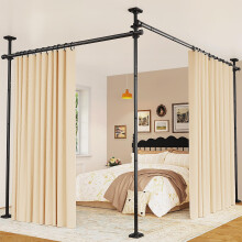 Yeabett Room Divider No Drill Free Standing Curtain Pole, Adjustable 122-305cm(H), 70-290cm(w), Sturdy Stainless Steel for Any Room Separation, Black