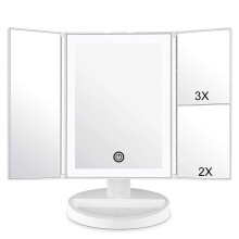 WEILY Makeup Vanity Mirror with LED Lighting and Touch Screen, Tri-Fold 1x 2x 3x Magnification,180? Adjustable Rotation,Battery and USB