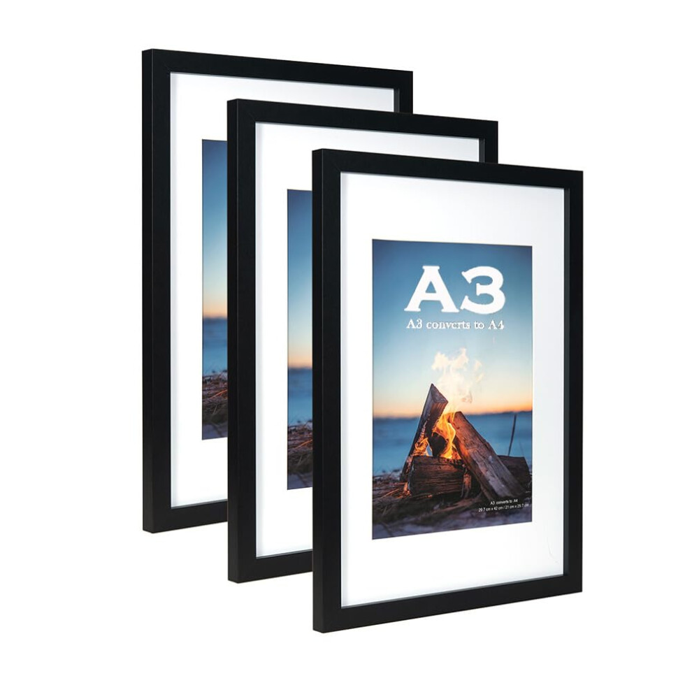 Wooden Picture Frame A3 With Mat,Set Of 3, Mount For A4 Picture Or Certificate,Wall Mountable Black 5051221989686