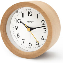 YsyYey Alarm Clock Bedside, Silent Analogue Wooden Clock with Snooze and Night Light, Battery Powered Alarm Clock for Bedroom, Home, Kitchen for Boys