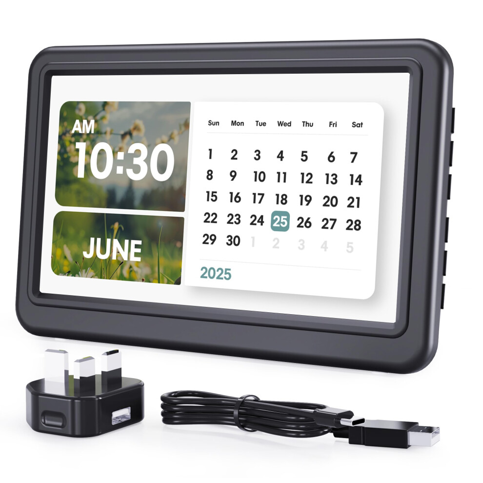Digital Clock With Date And Day, Plug In Electric Digital Calendar With 12 Themes, 20 Custom Alarms And 18 Ringtones, Auto-Dimmer, 7" Dementia Rocam