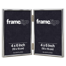 Frametigo - Silver Plated Thin Edge Double Photo Frame, 4"x6" (10x15cm) Photo Size - Portrait Orientation - Modern & Sleek Design - Traditional Silver