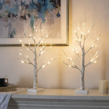 Set of 2-Vanthylit White Christmas Tree with Lights 2FT Tabletop Birch Tree with 24 Warm White LEDs Battery Operated Light up Twig Tree for Home Party