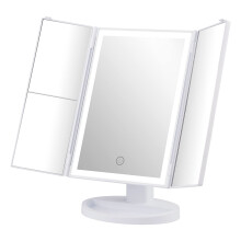 GRIFEMA Vanity Makeup Mirror - Trifold Table Mirror with 32 LED Lights & 3X/2X/1X Magnification, Touch Screen, 360? Rotation, Two Power Supply - Gift