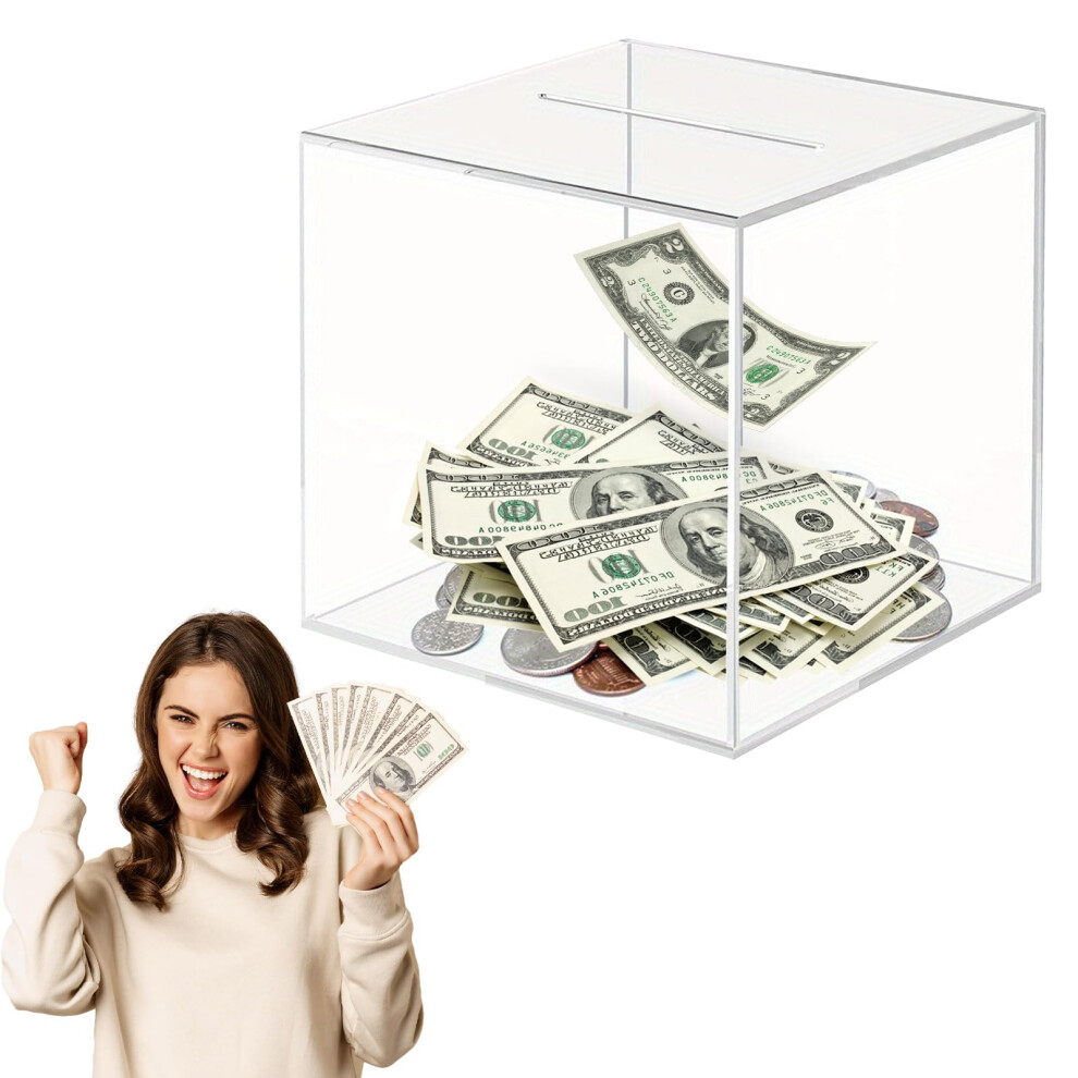 Meiyaxinwin Clear Acrylic Money Box, 12X12x12cm Square Money Saving Box Unopenable Piggy Bank For Adults Or Kids, Transparen Money Boxes For Cash Or Coins