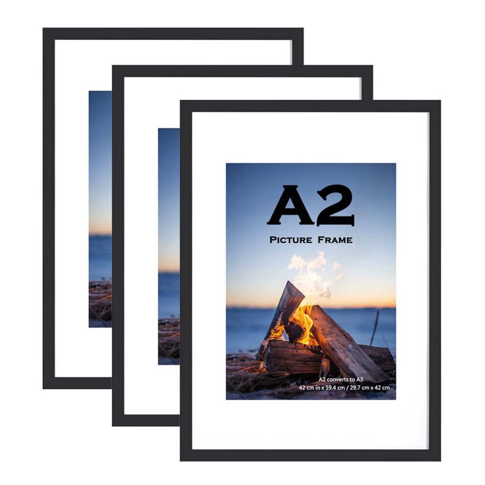 Wooden Picture Frame A2(42X59.4cm) With Mat,Set Of 3, Mount For A3 Picture Or Certificate,Wall Mountable Black 5051221993485