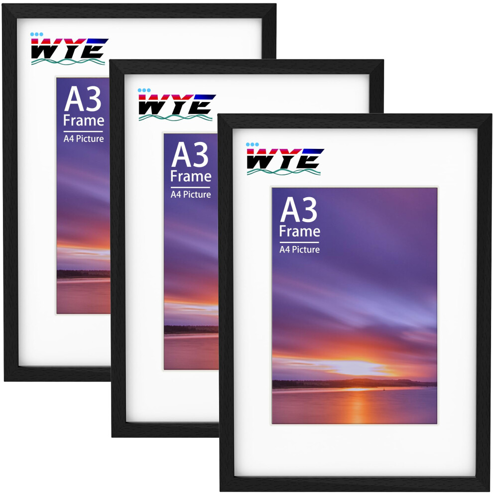 Wyewye A3 Picture Frame 3 Pack, Wood A3 Frame With A4 Mount For 29.7 X 42 Cm Photo, Only Wall Hanging, Plexiglass, Black 5051222003091