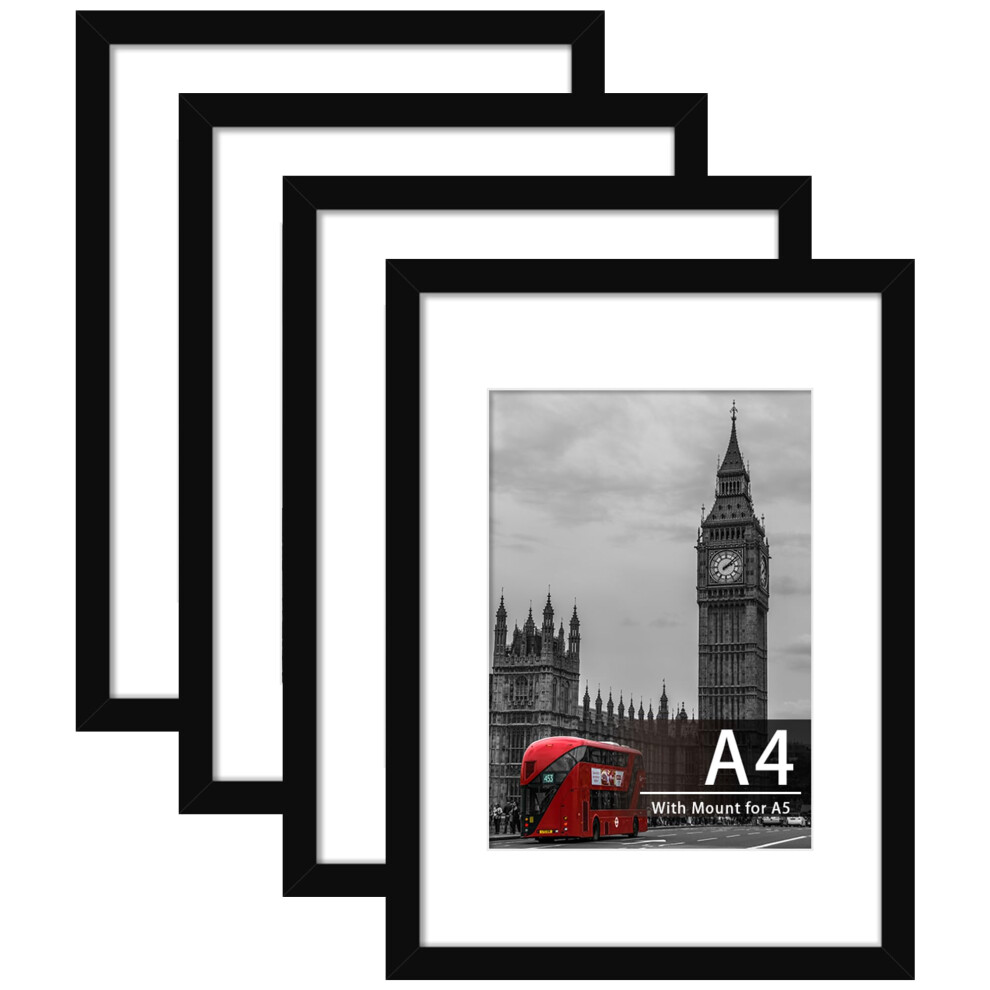 Tinkeps 4 Pack A4 Picture Frame, Engineered Wood And Plexiglass, A4 Frame With Mount For A5 Prints, Photos, And Posters, Tabletop And Wall Black