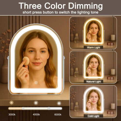 Arched Vanity Mirror with Lights, 30x25cm, 3 Color Light, Touch Switch Adjustable Brightness, 360? Rotation Dressing Table Mirror 1