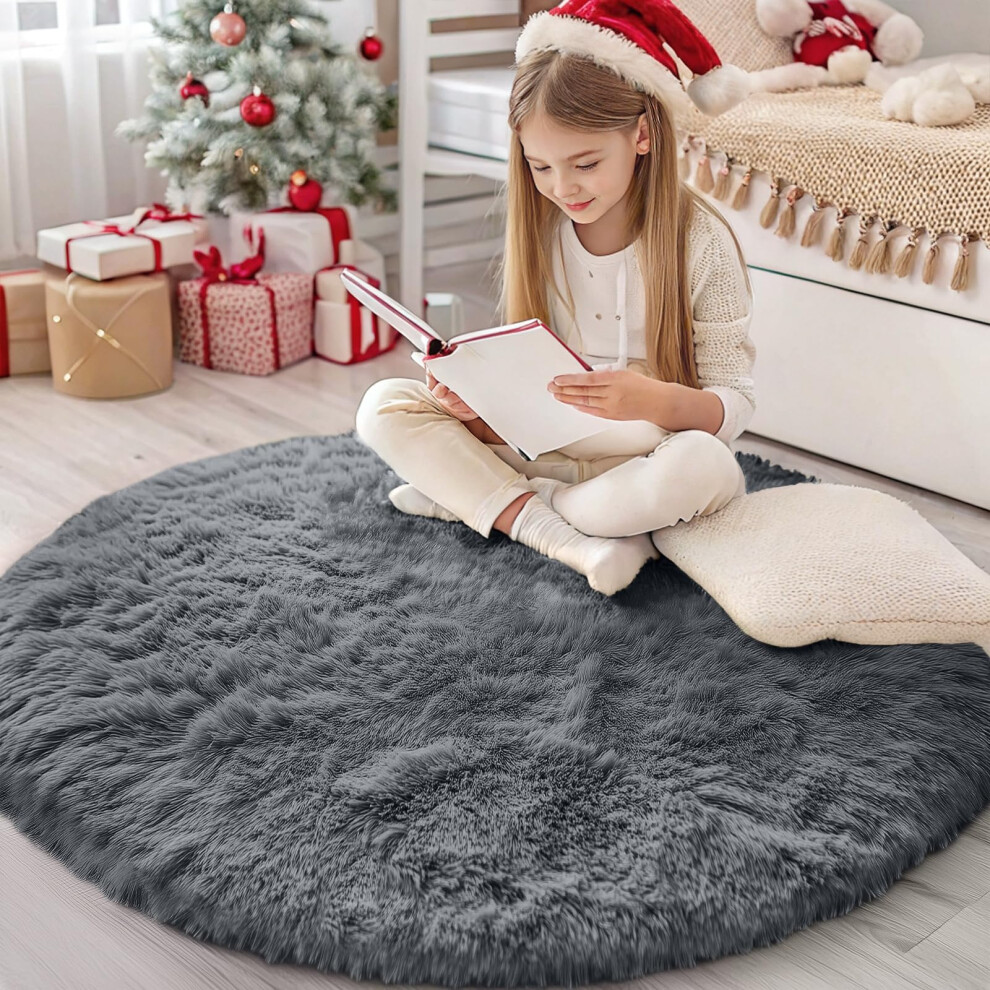 Fluffy Shaggy Rugs Living Room, Soft Thick Pile Carpet, Machine Washable Anti Slip Bedside Rug For Kids Bedroom, Nursery - Dark Round 120 Grey Homaxy