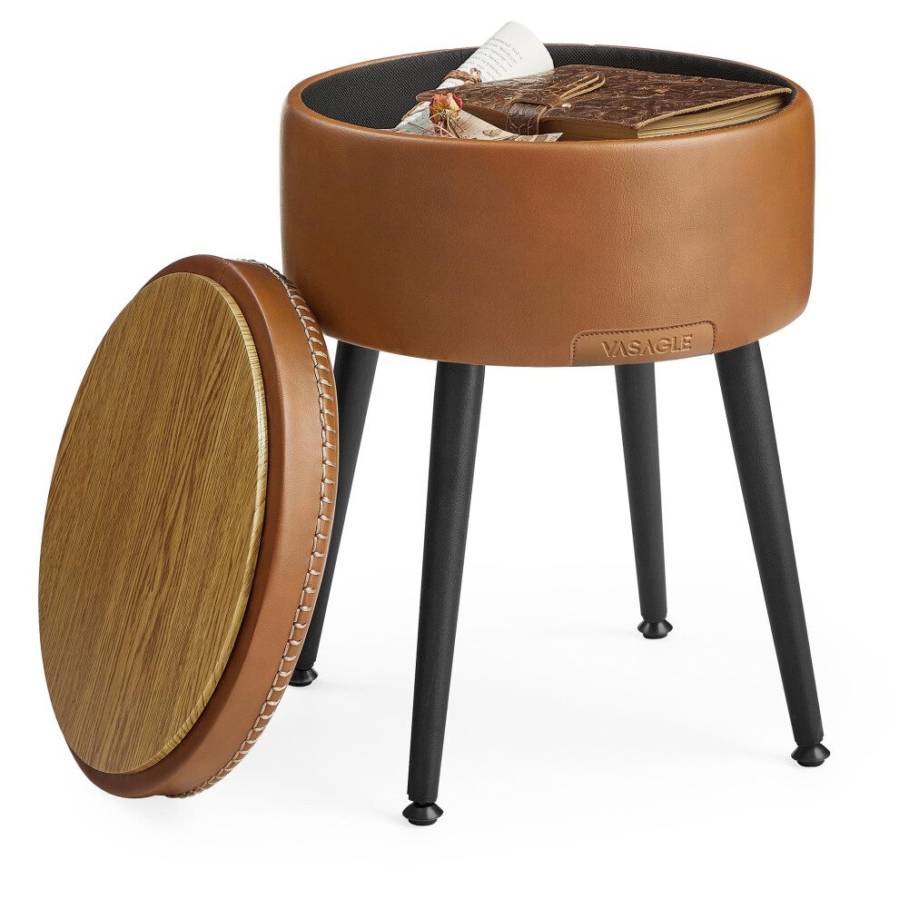 Vasagle Ekho Collection - Storage Ottoman, Dressing Table Stool, Synthetic Leather With Stitching, Mid-Century Modern, Round Storage Stool Seat With