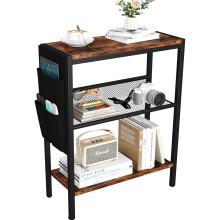 Yusong Small Narrow Side Table for Small Spaces, Slim End Table with Storage Bag, Sofa Snack Table with Adjustable Metal Mesh, 3 Tier Accent Skinny