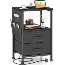 COWISH Bedside Table with Charging Station, 2 Drawers Bedside End Table, Industrial Sofa SideTable, Rolling Nightstand with Storage Shelf and Bag for