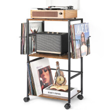 Bikoney Vinyl Record Storage, Rolling Side Table with Player Stand, Large End Table Cart Up to 150 Albums, Turntable Holder with 2 Display - Vinyl