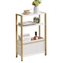 Aibiju Narrow Side Table, 3-Tier Slim End Table with Fabric Basket, Modern Sofa Table for Narrow and Small Spaces, with Gold Metal Frame, White