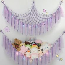 Yelienm Stuffed Animal Hammock with LED Lights - 59 Inch Large Toy Storage Net for Kids Bedroom, Wall-Mounted Plush Organizer with Wooden Rings,