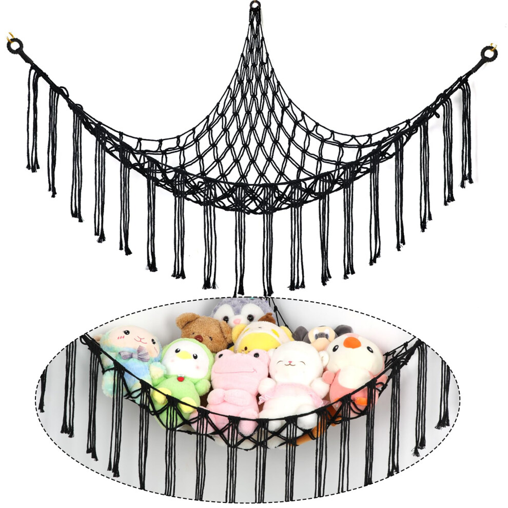 Stuffed Animal Hammock Corner, Hand-Knitted Large Plushie Net Toy Hammock With Wooden Rings | Boho Cute Stuff Animal Storage For Nursery & Bedroom Yelienm