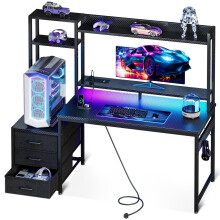 Coleshome Gaming Desk with Drawers & Display Shelves, 120?48 cm Computer Desk with LED Lights & Sockets, Reversible PC Gaming Table with Monitor