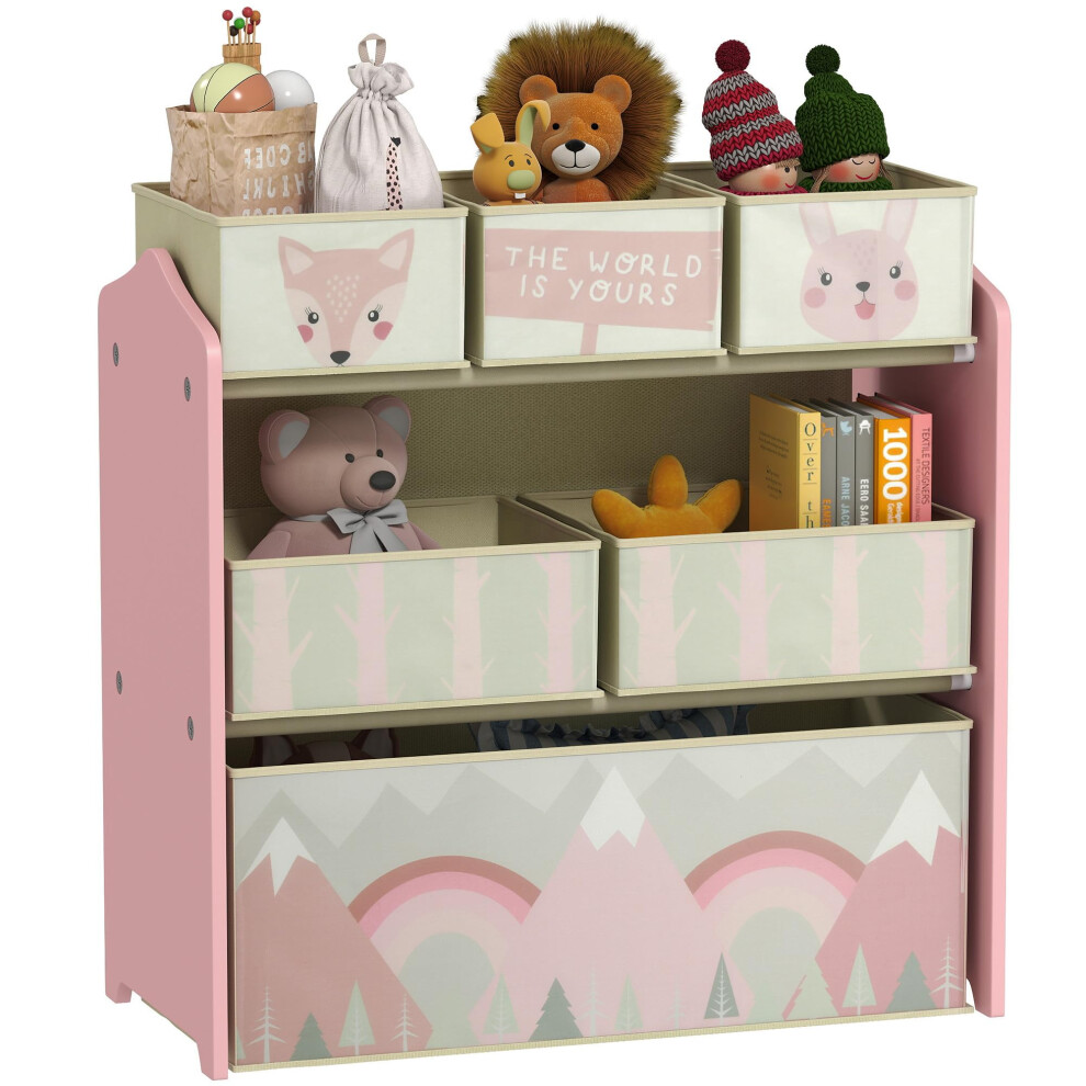 Zonekiz Kids Storage Unit, Childrens Toy Storage Organiser, With 6 Fabric Bins, For Bedroom, Nursery, 63 X 30 X 66Cm, Pink