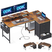 ODK Corner Desk with Drawers, L Shaped Computer Desk 140x80cm with USB Charging Port & Power Outlet, Home Office Desk with Monitor Stand and PC Stand,