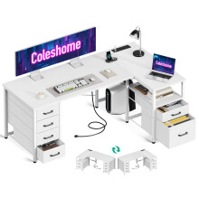 Coleshome Computer Corner Desk with Drawers, 140?70 cm L Shaped Office Desk with Power Outlet, Reversible Study PC Table with Storage for Bedroom,