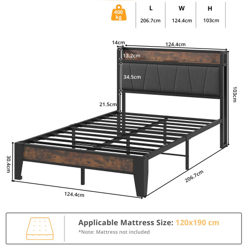 IRONCK Small Double Bed Frame with Storage Shelf Upholstered Headboard, Platform Bed Frame with Charging Station, Metal Bed Frame/UnderBed Storage, 1