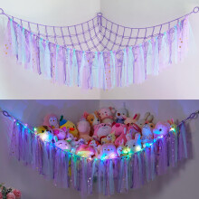 MHJY Toy Hammock Stuffed Animals Storage Net Soft Cuddly Toys Large Corner Hanging Net With LED Light Hand Woven Plush Macrame Organizer with Tassel
