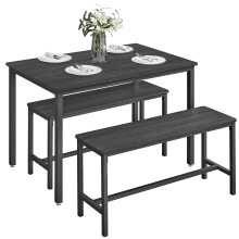 VASAGLE Dining Table with 2 Benches, 3 Piece Set, Kitchen Table of 70 x 110 x 75 cm, 2 Benches of 30 x 97 x 50 cm Each, Steel Frame, Ash Black and Ink