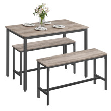 VASAGLE Dining Table with 2 Benches, 3 Piece Set, Kitchen Table of 70 x 110 x 75 cm, 2 Benches of 30 x 97 x 50 cm Each, Steel Frame, Heather Greige