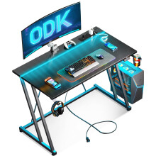 ODK Gaming Desk with LED Lights & Power Outlet, Gaming Table with Cup Holder and Headphone Hook, Double Z Frame Design Computer Desk, Carbon Fiber