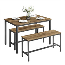 VASAGLE Dining Table with 2 Benches, 3 Piece Set, Kitchen Table of 70 x 110 x 75 cm, 2 Benches of 30 x 97 x 50 cm Each, Steel Frame, Honey Brown and