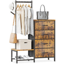 ODK 3 in 1 Chest of Drawers Bedroom, Including 4 Fabric Drawers, with a Sturdy Clothes Rail and 2 Coat Hooks, Double-layer Shoe Rack at the Bottom,