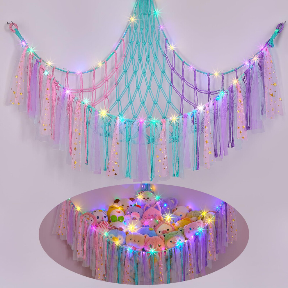 Toy Hammock Stuffed Animals Storage Net Soft Cuddly Toys Large Corner Hanging Net With Led Hand Woven Plush Macrame Organizer With Tassel Light Mhjy