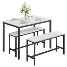 VASAGLE Dining Table with 2 Benches, 3 Piece Set, Kitchen Table of 70 x 110 x 75 cm, 2 Benches of 30 x 97 x 50 cm Each, Steel Frame, Marble White and