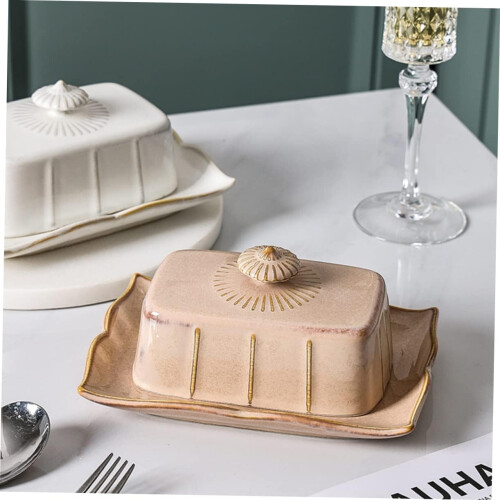 Ceramic Butter Dish with Lid Keeps Butter Fresh Microwave Safe Rectangular Design for Kitchen 2