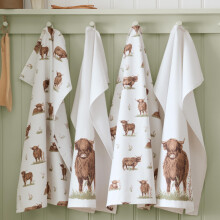 Catherine Lansfield Angus Highland Cow Cotton 50x75cm Kitchen Tea Towel Pack of 4 Natural