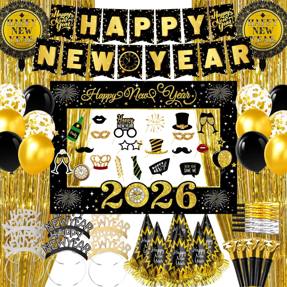 66Pcs New Years Eve Decorations 2026, Happy New Year Banner Headband, Photo Balloon Frame, Photo Booth Props, Foil Fringe Curtains, Paper Glasses For 5051222029855