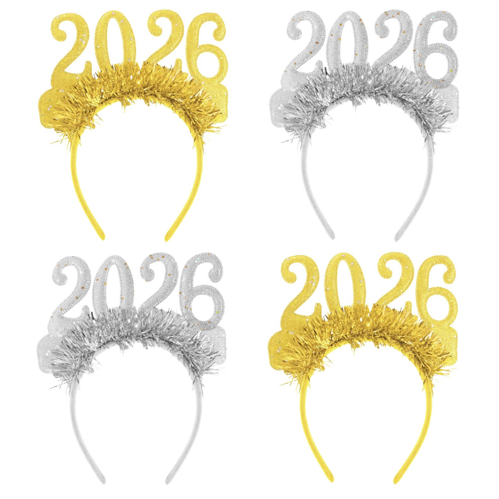 2026 Happy New Year Headband - 4 Pcs New Years Eve Decorations 2026, And Glitter Costume Hair Accessories, Photo Props For Festive Holiday Gold/Silver 5051222029848