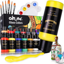 Colorful Stain Glass Paint Set with 6 Brushes, 1 Palette & 1 Sponge, 14 Colors Waterproof Permanent Glass Painting Kit for Arts on Wine Glasses,Bottle