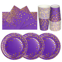PYAILI 72PCS Purple Gold Tableware Set, Party Paper Plates Cups and Napkins, Party Supplies for Birthday, Wedding, Picnic, Restaurant, Table