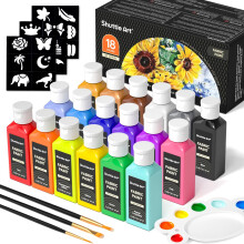 Shuttle Art Fabric Paint Permanent for Clothes, 18 Colours Fabric Paints in Bottles (60ml/2oz) with Brushes, Palette, Stencils, Non-Toxic Textile