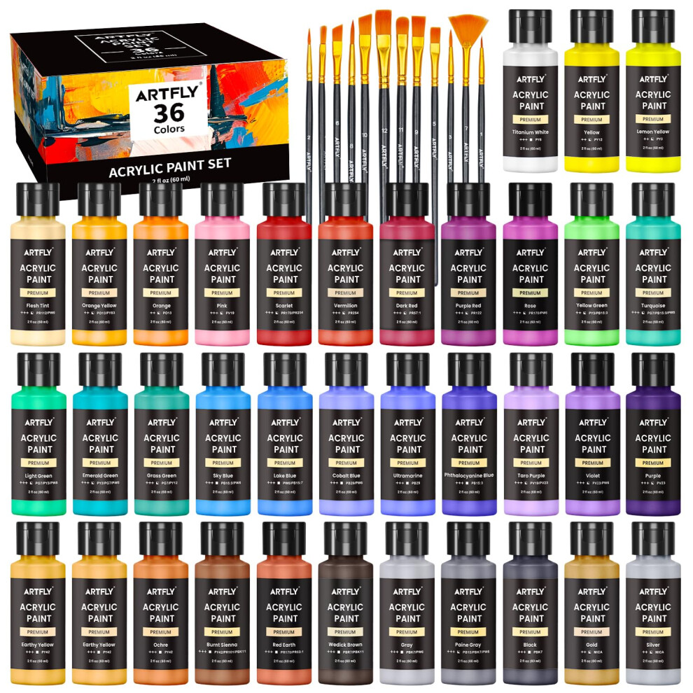 Artfly Acrylic Paint Set, 36 Colors In 2Oz/60Ml Bottles With 12 Paint Brushes, Non-Toxic, Waterproof, Rich Pigments For Artists, Students, Beginners