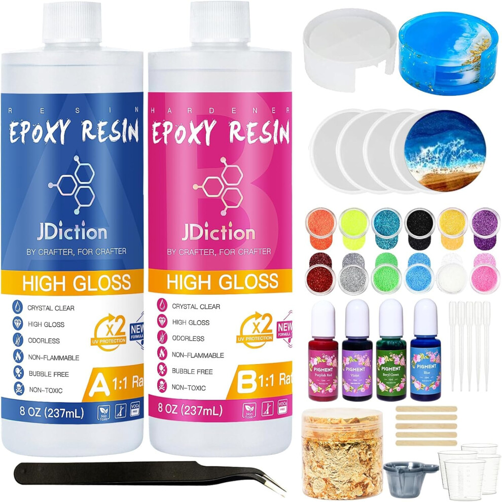 Jdiction Epoxy Resin Coaster Kit - 16Oz/ 474Ml Crystal Clear Epoxy Resin Kit With Coaster Molds And Holder, Resin Pigment, Resin Glitter, Flakes, Gold