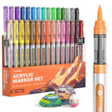 JusArt 30 Colours Acrylic Paint Markers Brush Tip, Water Based Paint Pens with Automatic Ink Control, Waterproof 1-8mm Flexible Tip Acrylic Paint pens