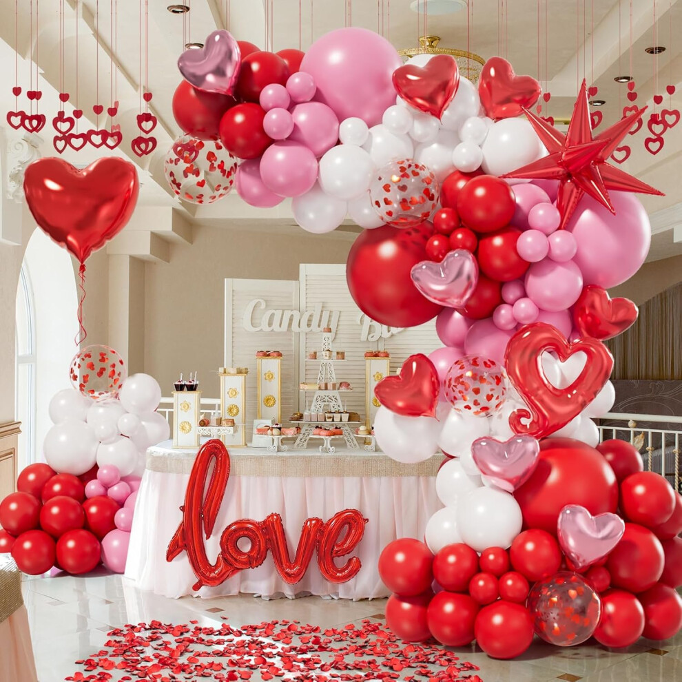 Conleke 156Pc Valentines Day Balloon Garland Arch Kit With Pink White Red Confetti Heart Foil Explosion Star Rose Petals For Anniversary Wedding Romantic