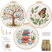 WIVLAX Embroidery Kit for Beginners Adults - 3PCS DIY Hand Embroidery Craft Set with Tree, Butterfly, Book & Flower Patterns, Hoop, Thread, Needles,