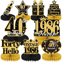 Luvart 40th Birthday Decoration-9pcs 40th Birthday Decorations for Men Women Black and Gold Table Decorations for Birthday Party Men Honeycomb Decs