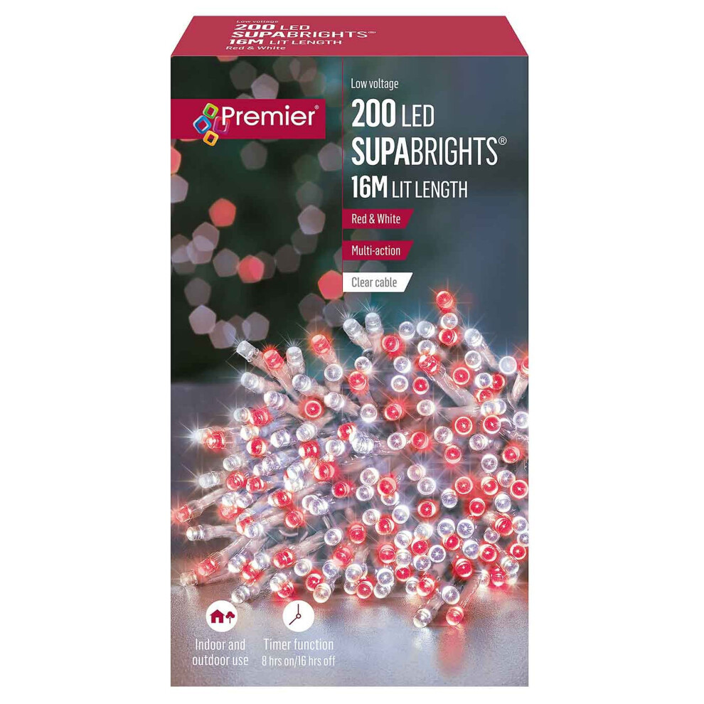 Premier Multi Action 200 Supabrights Led Christmas Lights 20M Lit - & Red/White