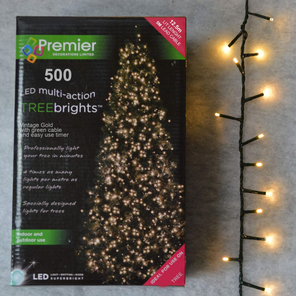 Premier 500 Led (12.5M) Treebrights Christmas Tree Lights - Timer In Vintage Gold
